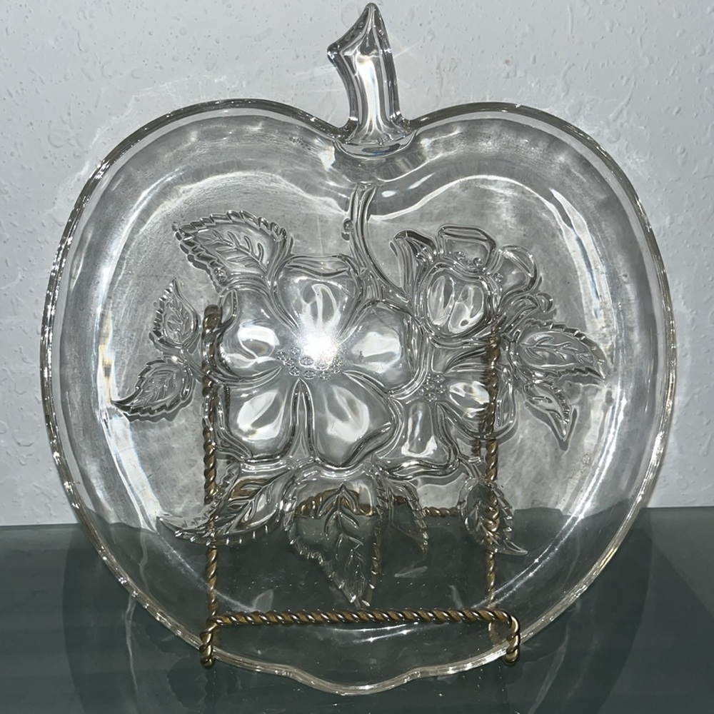Vintage Hazel-Atlas Glass Apple Blossom Embossed Apple-Shaped  platter Fall